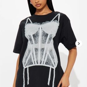 Black Short Sleeve Oversized T-Shirt with White Corset Design EUC NWOT